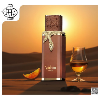 Fragrance World Vulcan Sable EDP 100 ml — produktvisning; svært tett nærbilde; på en treflate