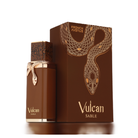 Fragrance World Vulcan Sable EDP 100 ml — produktemballasje; nærbilde; på hvit bakgrunn