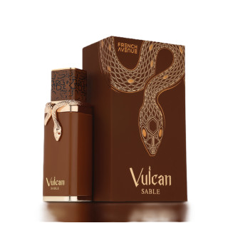 Fragrance World Vulcan Sable EDP 100 ml — produktemballasje; nærbilde; på hvit bakgrunn
