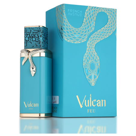 Fragrance World Vulcan Feu EDP 100 ml — produkt og emballage; meget tæt nærbillede; på lys baggrund