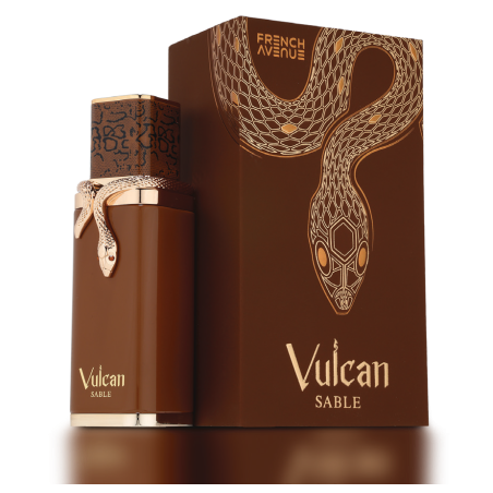 Fragrance World Vulcan Sable EDP 100 ml — produktvisning; svært tett nærbilde; på lys bakgrunn