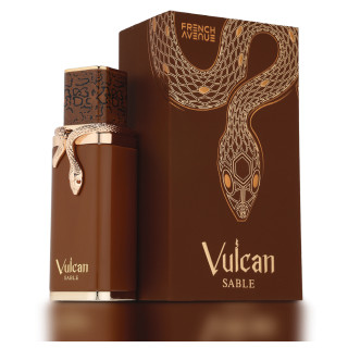 Fragrance World Vulcan Sable EDP 100 ml — produktvisning; svært tett nærbilde; på lys bakgrunn