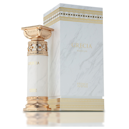 Fragrance World Grecia EDP 100 ml — toote vaade; väga lähivõte; heledal taustal