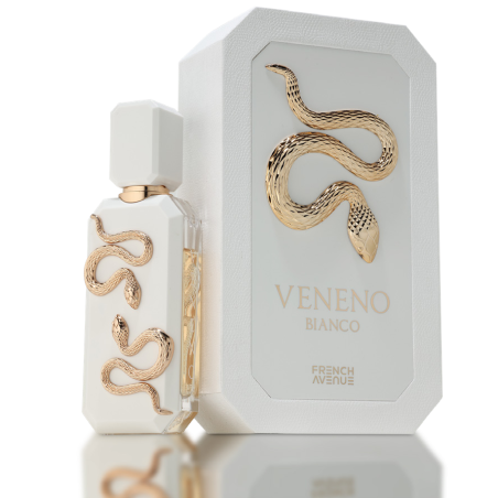 Fragrance World Veneno Bianco EDP 100 ml — упаковка товара; очень крупный план; на тёмном фоне