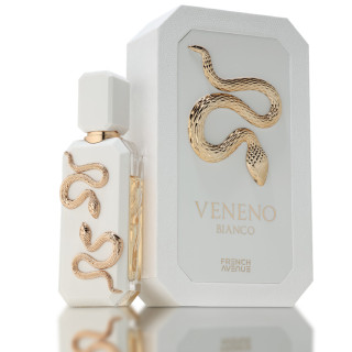 Fragrance World Veneno Bianco EDP 100 ml — упаковка товара; очень крупный план; на тёмном фоне