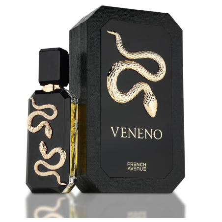 Fragrance World Veneno EDP 100 ml — продукт и опаковка; много близък план; на светъл фон