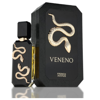 Fragrance World Veneno EDP 100 ml — продукт и опаковка; много близък план; на светъл фон