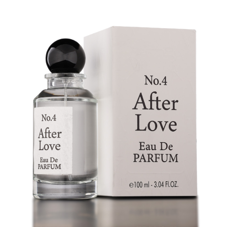 Fragrance World No.4 After Love EDP 100 ml — produktvy; mycket tät närbild; på mörk bakgrund