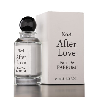 Fragrance World No.4 After Love EDP 100 ml — produktvy; mycket tät närbild; på mörk bakgrund