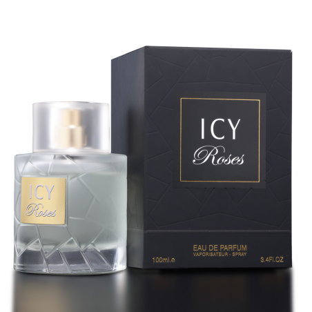 Fragrance World Icy Roses EDP 100 ml — toode ja pakend; väga lähivõte; heledal taustal