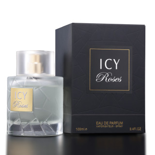Fragrance World Icy Roses EDP 100 ml — producto y embalaje; primerísimo plano; sobre fondo claro