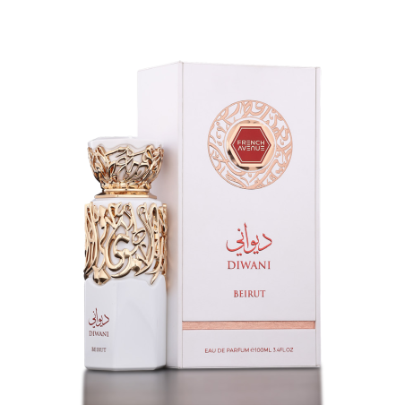Fragrance World Diwani Beirut EDP 100 ml — produkto pakuotė; artimas vaizdas; tamsiame fone