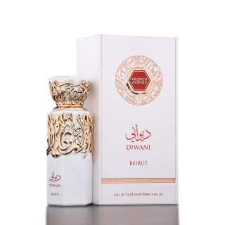 Fragrance World Diwani Beirut EDP 100 ml — produkto pakuotė; artimas vaizdas; tamsiame fone