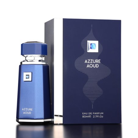 Fragrance World Azzure Aoud EDP 100 ml — toode ja pakend; väga lähivõte; valgel taustal