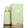 Fragrance World Luscious EDP 100 ml — product en verpakking; zeer nabije close-up; op een donkere achtergrond
