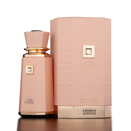 Fragrance World Sweet Paradise EDP 100 ml — produkt a balení; velmi detailní záběr; na tmavém pozadí