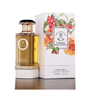 Fragrance World Caramel Macchiato EDP 100 ml — produktas ir pakuotė; artimas vaizdas; baltame fone