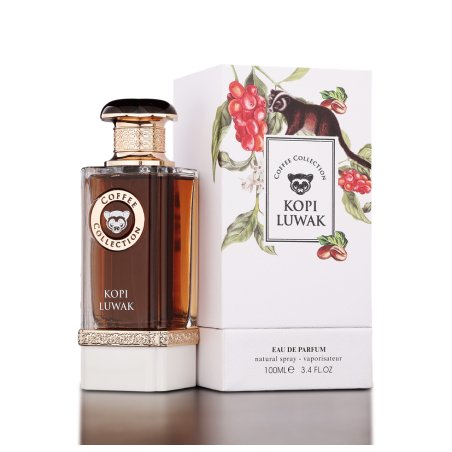 Fragrance World Kopi Luwak EDP 100 ml — produktas ir pakuotė; artimas vaizdas; baltame fone