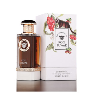 Fragrance World Kopi Luwak EDP 100 ml — produktas ir pakuotė; artimas vaizdas; baltame fone