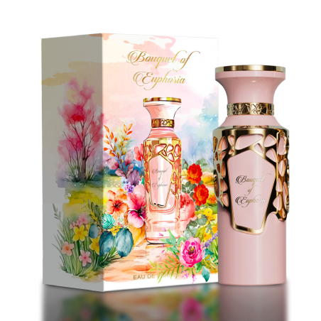 Fragrance World Bouquet of Euphoria EDP 100 ml — toote vaade; väga lähivõte; tumedal taustal