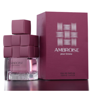 Fragrance World Ambroise Pour Femme EDP 100 ml — product en verpakking; zeer nabije close-up; op een donkere achtergrond