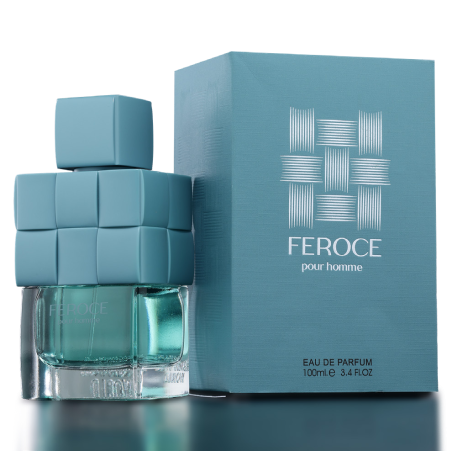 Fragrance World Feroce Pour Homme EDP 100 ml — produkta iepakojums; tuvplāns; uz tumša fona
