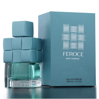 Fragrance World Feroce Pour Homme EDP 100 ml — produkta iepakojums; tuvplāns; uz tumša fona