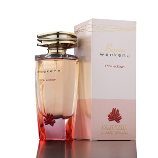 Fragrance World Berries Weekend Pink edition EDP 100 ml — toode ja pakend; lähivaade; heledal taustal