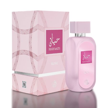 Fragrance World Hayaati Rose EDP 100 ml — товар и упаковка; очень крупный план; на белом фоне