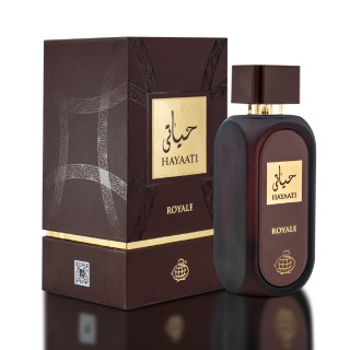 Fragrance World Hayaati Royale 100 ml — opakowanie produktu; bardzo bliskie ujęcie; na ciemnym tle