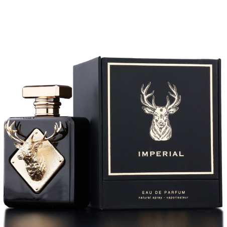 Fragrance World Imperial EDP 100 ml — product en verpakking; close-up; op een donkere achtergrond