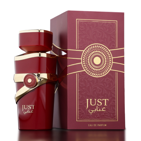 Fragrance World Just Anabi EDP 100 ml — embalaje del producto; primerísimo plano; sobre fondo oscuro