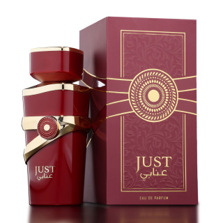 Fragrance World Just Anabi EDP 100 ml — tuotepakkaus; erittäin tiukka lähikuva; tummalla taustalla
