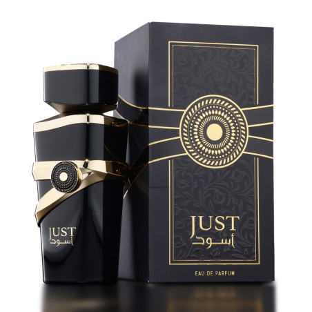Fragrance World Just Aswad EDP 100 ml — productverpakking; close-up; op een donkere achtergrond