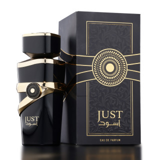 Fragrance World Just Aswad EDP 100 ml — productverpakking; close-up; op een donkere achtergrond