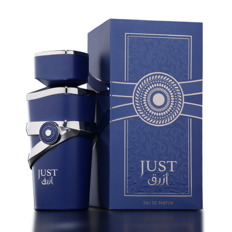 Fragrance World Just Azraq 100 ml — toote pakend; väga lähivõte; tumedal taustal