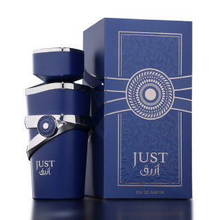 Fragrance World Just Azraq 100 ml — toote pakend; väga lähivõte; tumedal taustal