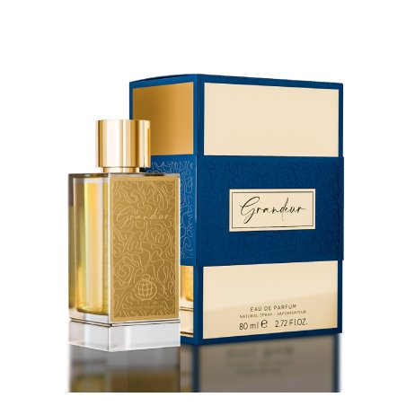 Fragrance World Grandeur EDP 100 ml — produktas ir pakuotė; artimas vaizdas; baltame fone
