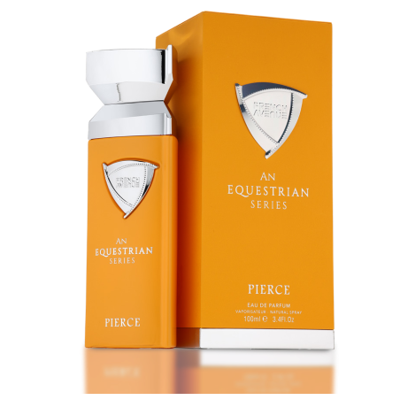 Fragrance World An Equestrian Series Pierce EDP 100 ml — producto y embalaje; primerísimo plano; sobre fondo claro