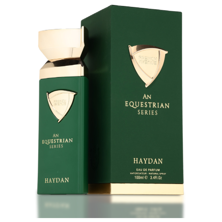 Fragrance World An Equestrian Series Haydan EDP 100 ml — упаковка товара; очень крупный план; на светлом фоне