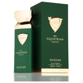 Fragrance World An Equestrian Series Haydan EDP 100 ml — упаковка товара; очень крупный план; на светлом фоне