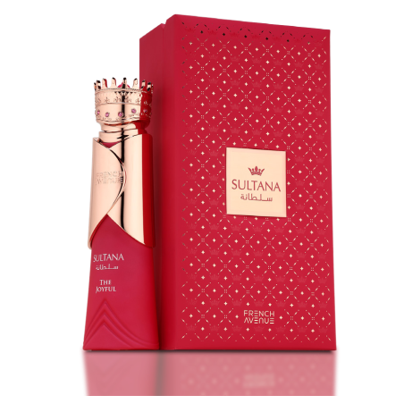 Fragrance World Sultana The Joyful EDP 80 ml — Produkt und Verpackung; sehr nahe Detailaufnahme; auf hellem Hintergrund