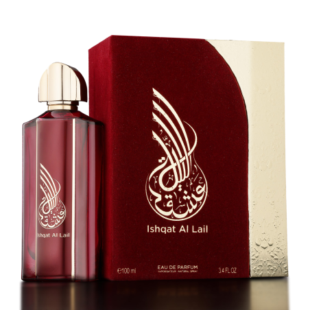 Fragrance World Ishqat Al Lail Athoor Al Alam EDP 100 ml — toode ja pakend; lähivaade; tumedal taustal