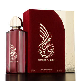 Fragrance World Ishqat Al Lail Athoor Al Alam EDP 100 ml — toode ja pakend; lähivaade; tumedal taustal
