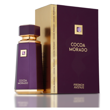 Fragrance World Cocoa Morado EDP 100 ml — product en verpakking; zeer nabije close-up; op een lichte achtergrond