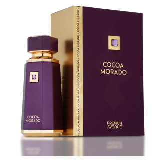 Fragrance World Cocoa Morado EDP 100 ml — product en verpakking; zeer nabije close-up; op een lichte achtergrond