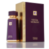 Fragrance World Cocoa Morado EDP 100 ml — product en verpakking; zeer nabije close-up; op een lichte achtergrond
