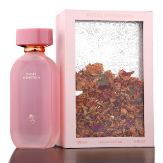 Fragrance World Roses D’emotion EDP 100 ml — toode ja pakend; väga lähivõte; valgel taustal; lähim kadreering