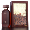 Fragrance World Tobacco D’feu EDP 100 ml — toode ja pakend; väga lähivõte; tumedal taustal