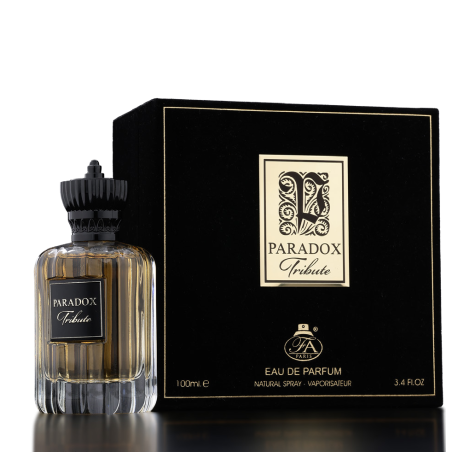 Fragrance World Paradox Tribute EDP 100 ml — widok produktu; bardzo bliskie ujęcie; na jasnym tle